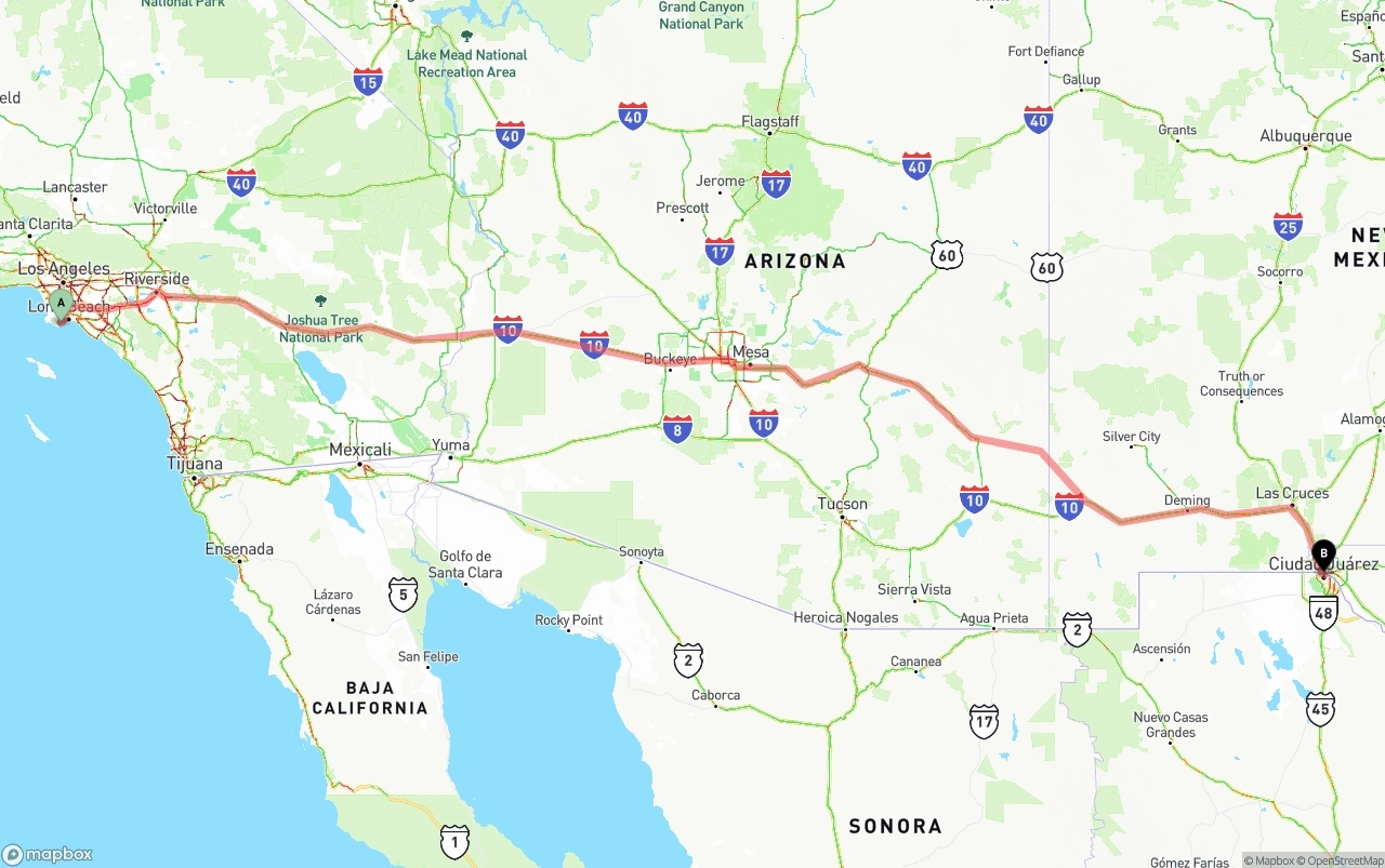 Shipping route from Port of Los Angeles to El Paso