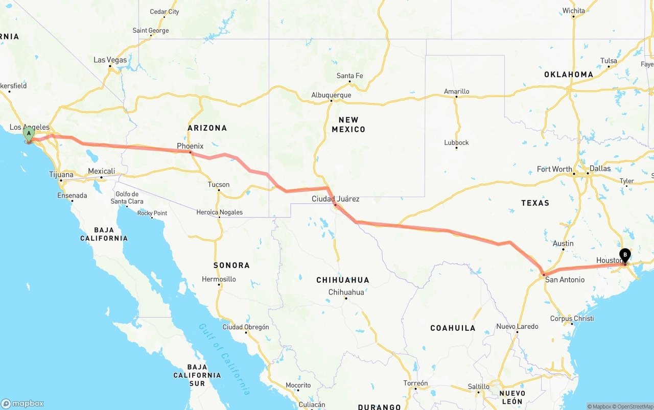 Shipping route from Port of Los Angeles to Houston