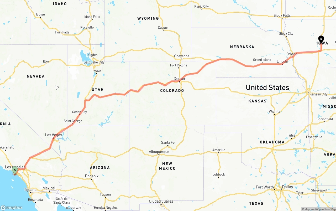 Shipping route from Port of Los Angeles to Iowa