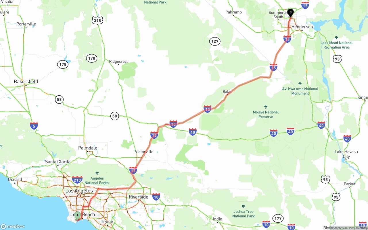 Shipping route from Port of Los Angeles to Las Vegas