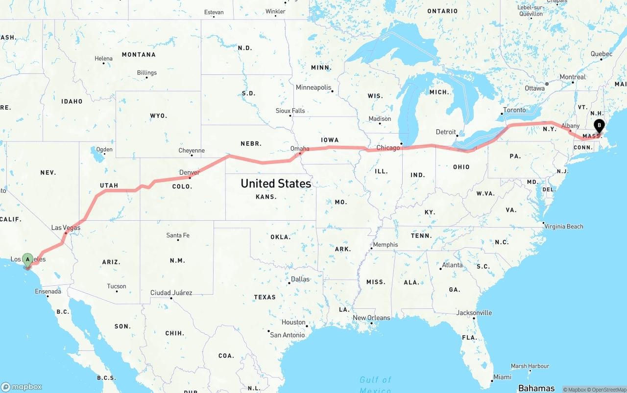 Shipping route from Port of Los Angeles to Massachusetts