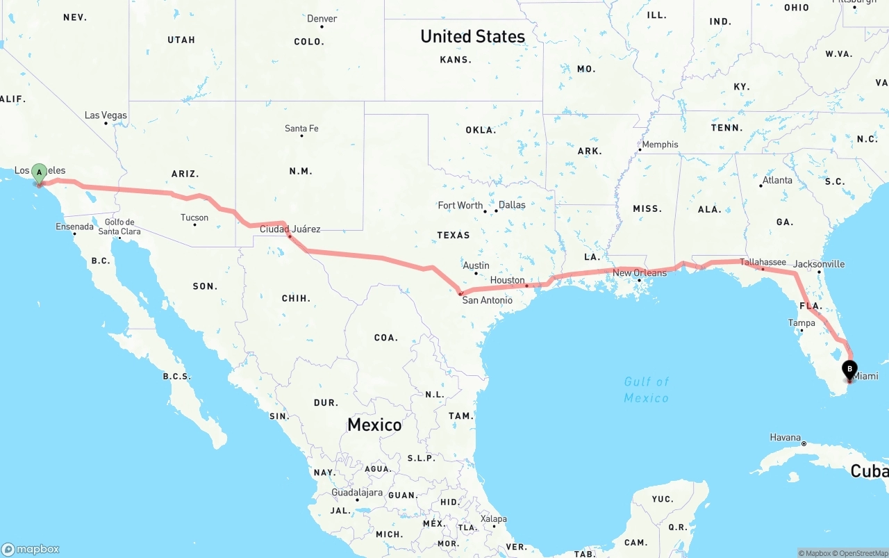 Shipping route from Port of Los Angeles to Miami
