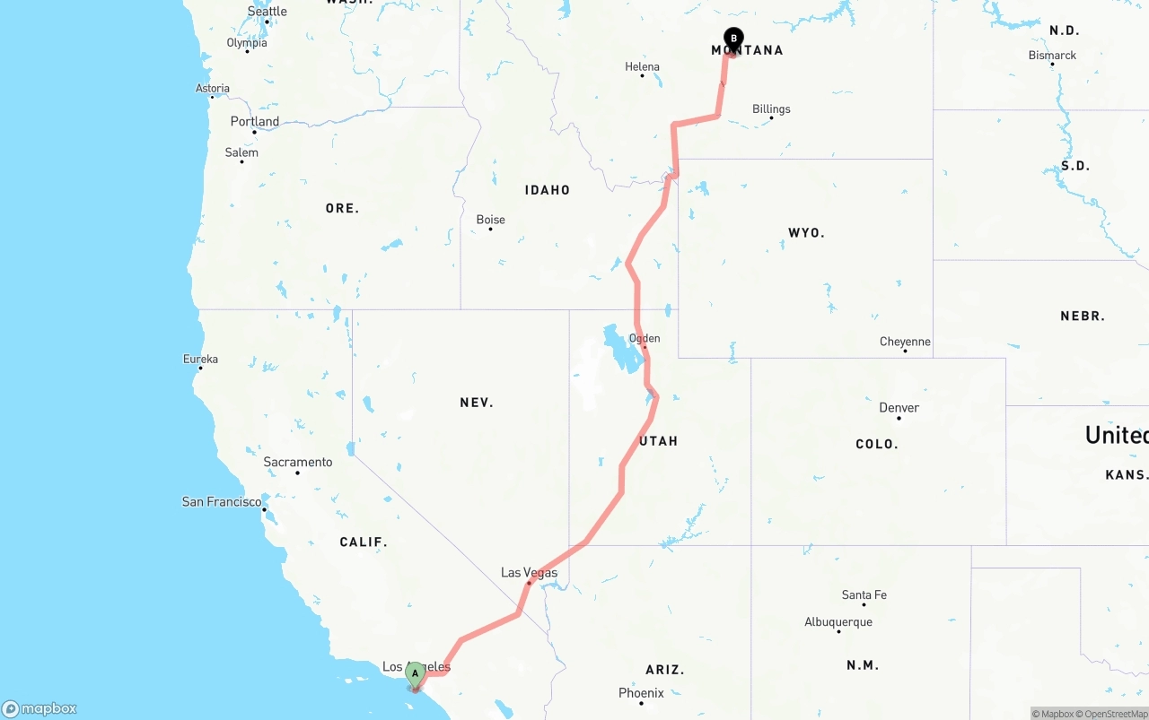 Shipping route from Port of Los Angeles to Montana