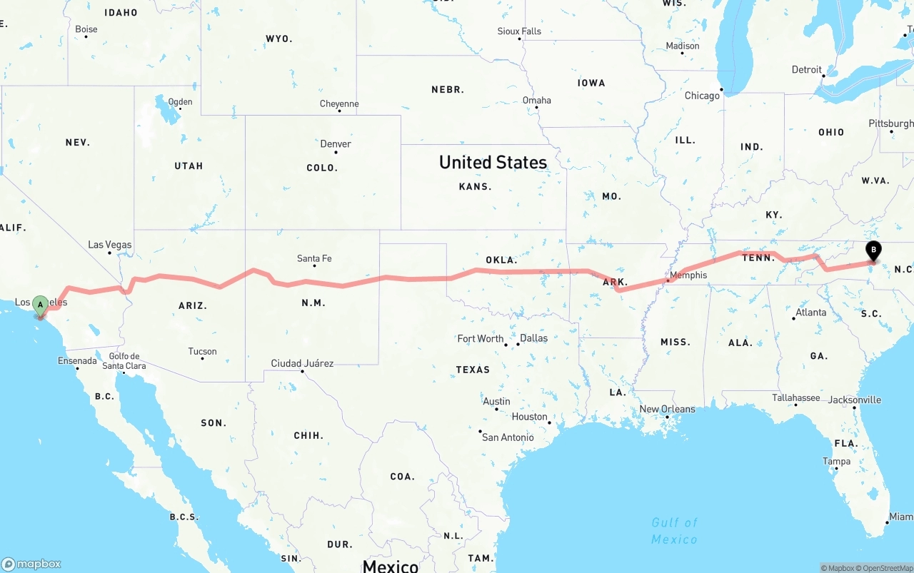Shipping route from Port of Los Angeles to North Carolina