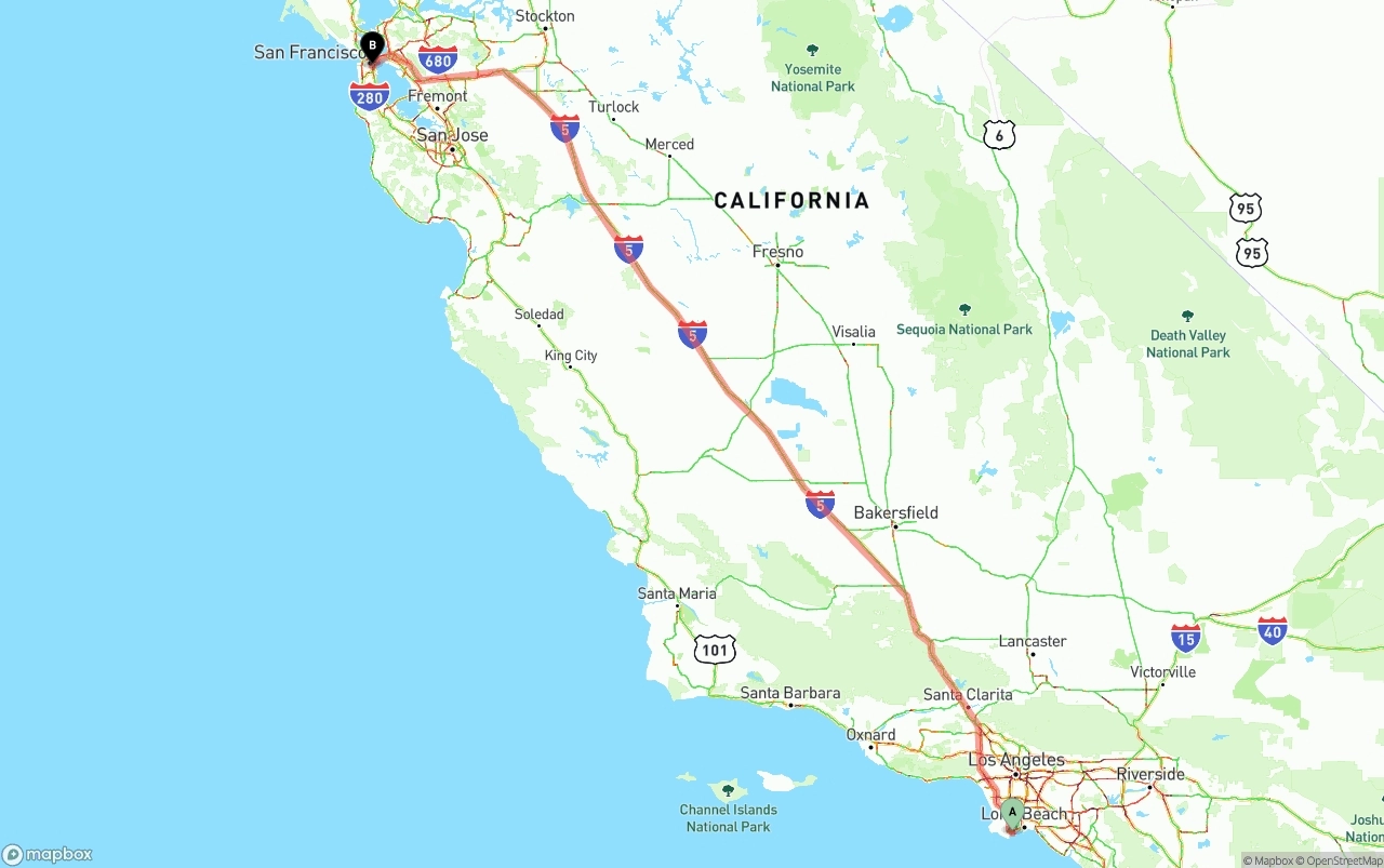 Shipping route from Port of Los Angeles to San Francisco