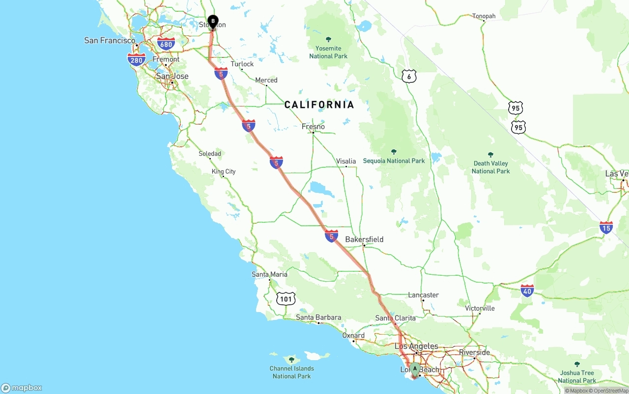 Shipping route from Port of Los Angeles to Stockton