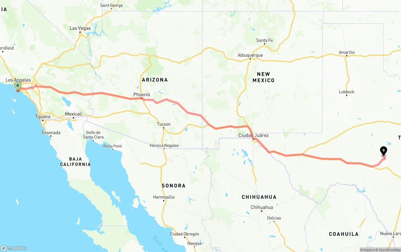 Shipping route from Port of Los Angeles to Texas