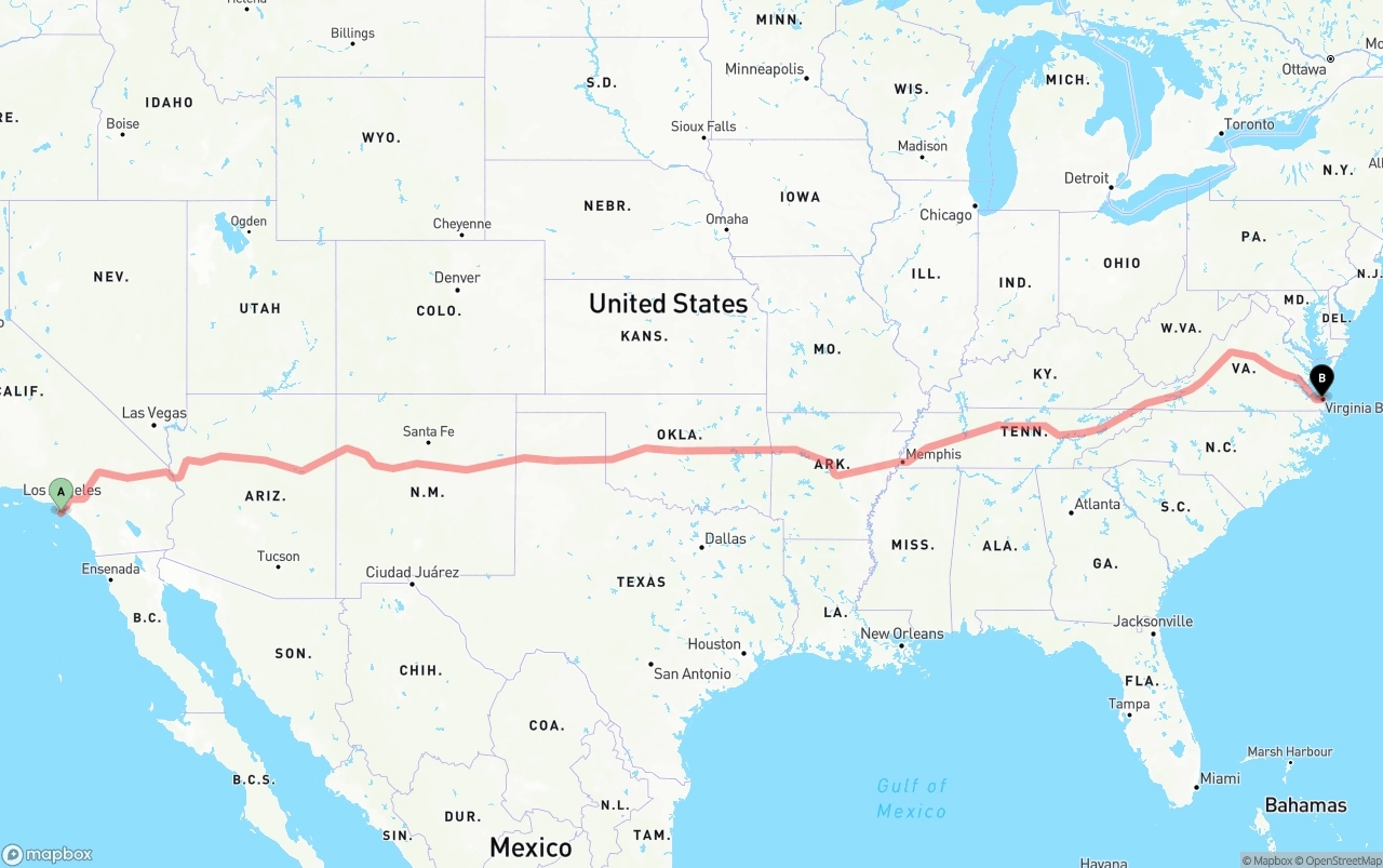 Shipping route from Port of Los Angeles to Virginia Beach