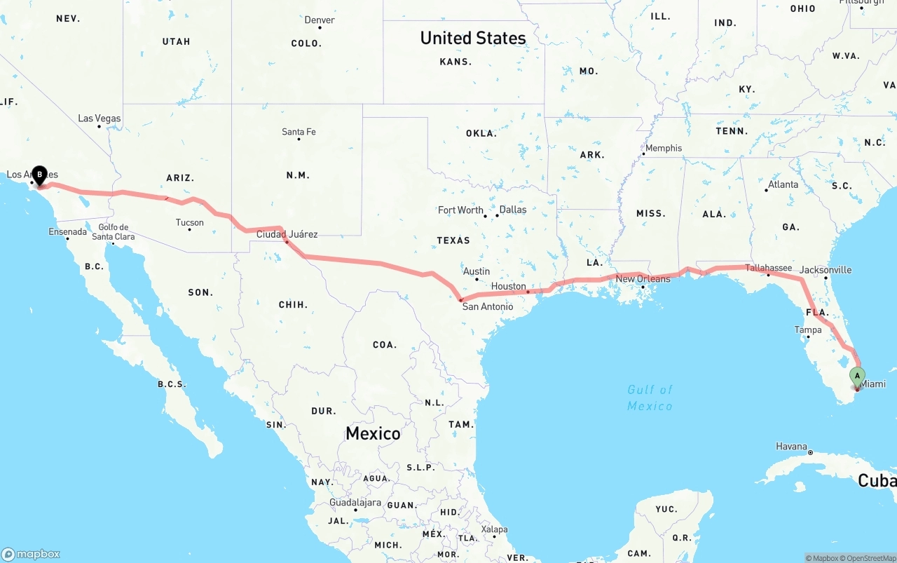Shipping route from Port of Miami to Anaheim
