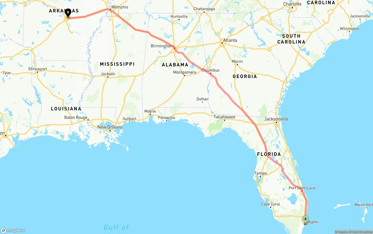 Shipping route from Port of Miami to Arkansas