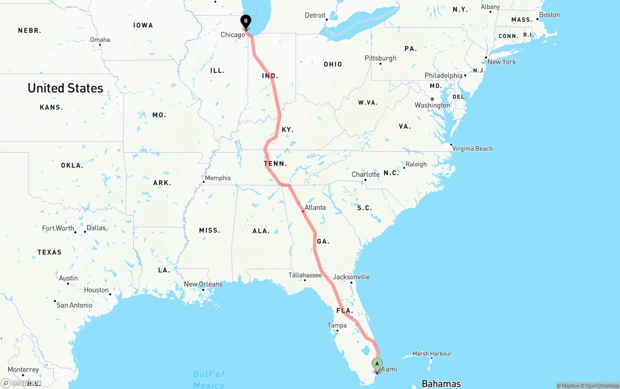 Shipping route from Port of Miami to Chicago