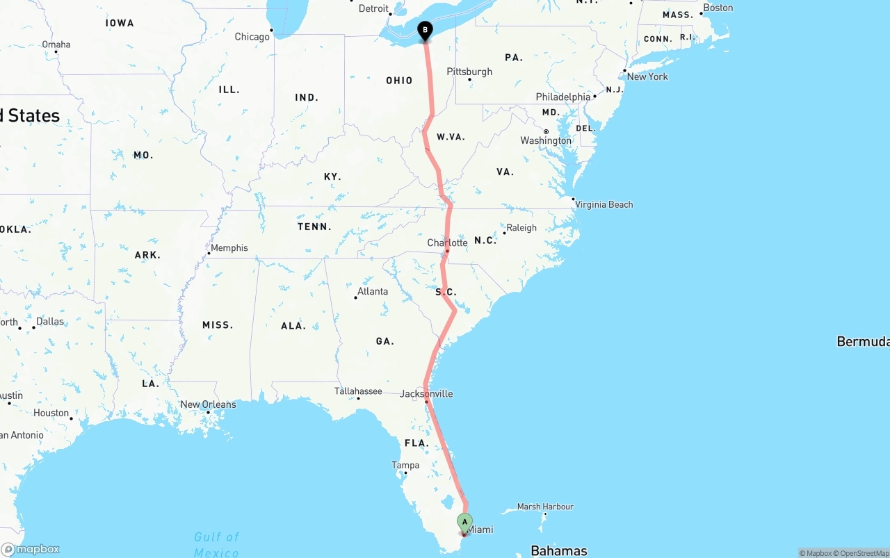 Shipping route from Port of Miami to Cleveland