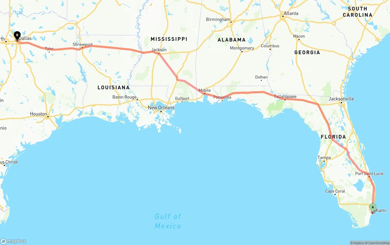 Shipping route from Port of Miami to Dallas
