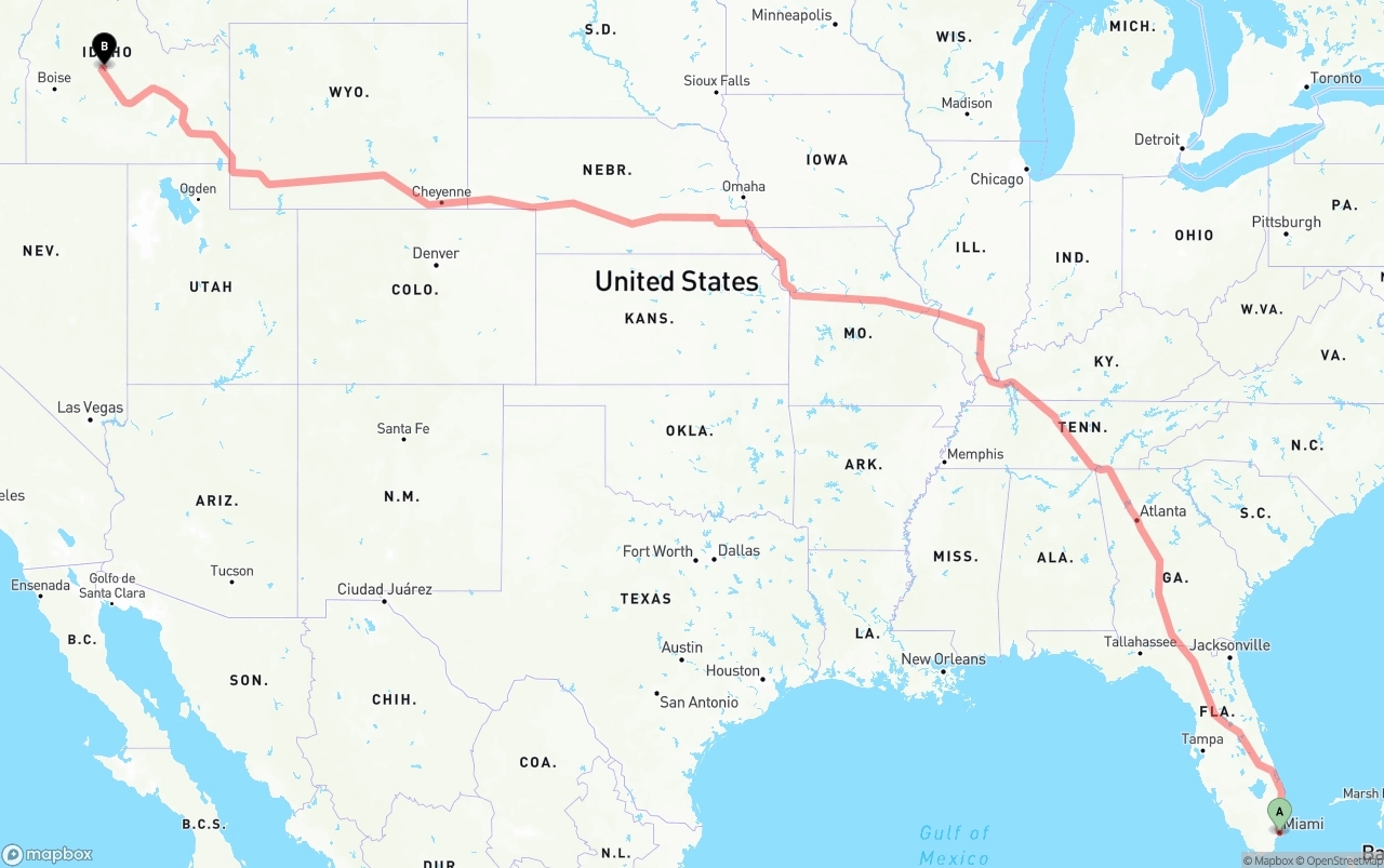 Shipping route from Port of Miami to Idaho