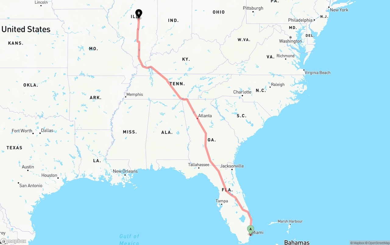 Shipping route from Port of Miami to Illinois