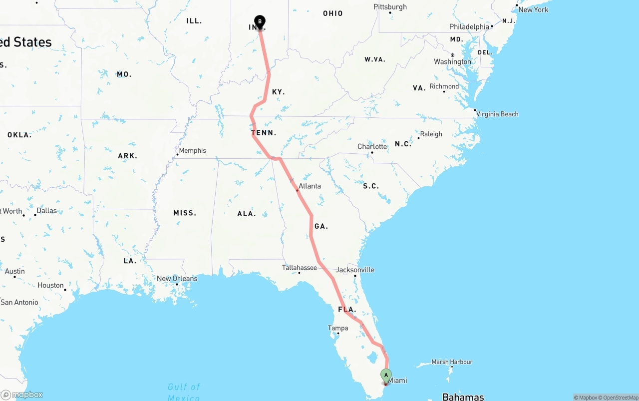 Shipping route from Port of Miami to Indianapolis