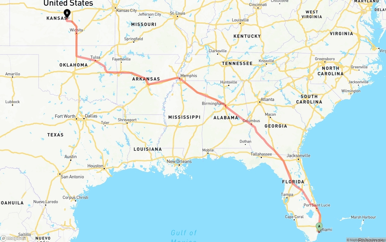 Shipping route from Port of Miami to Kansas