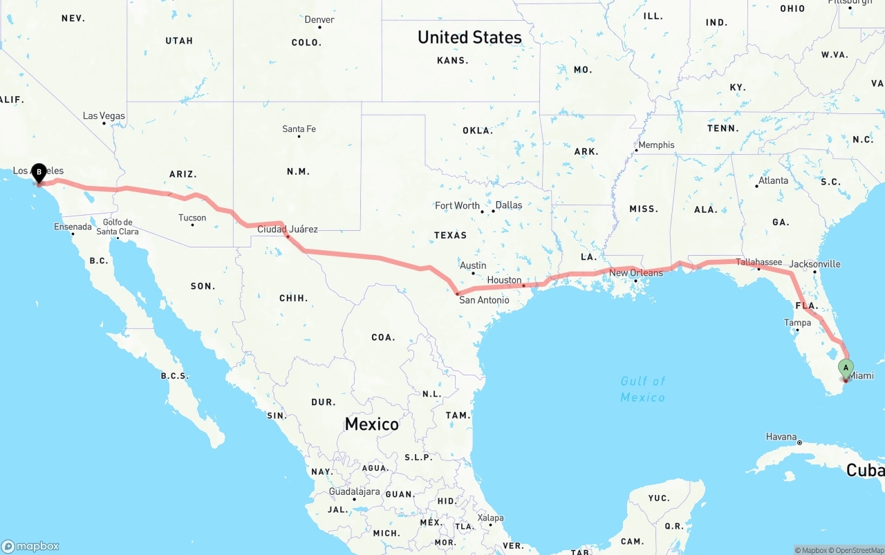 Shipping route from Port of Miami to Long Beach