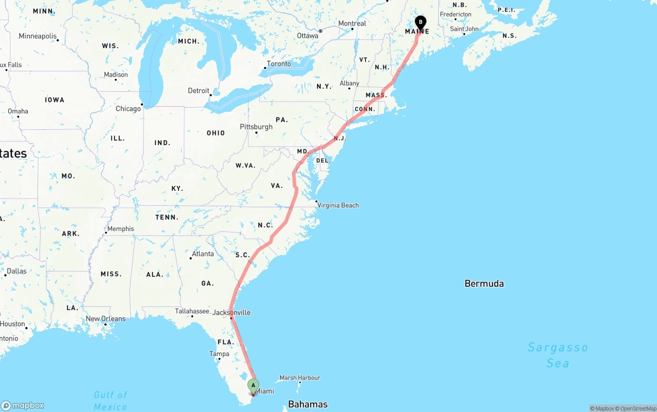 Shipping route from Port of Miami to Maine