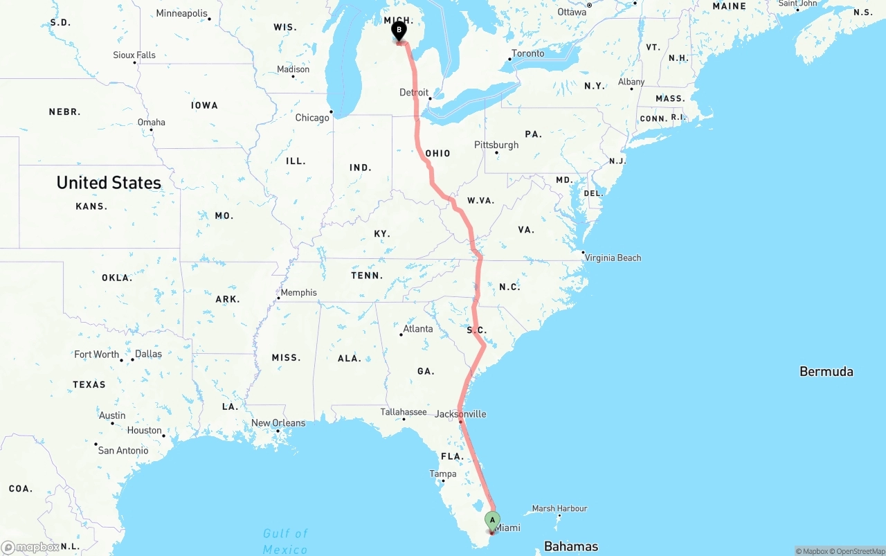 Shipping route from Port of Miami to Michigan