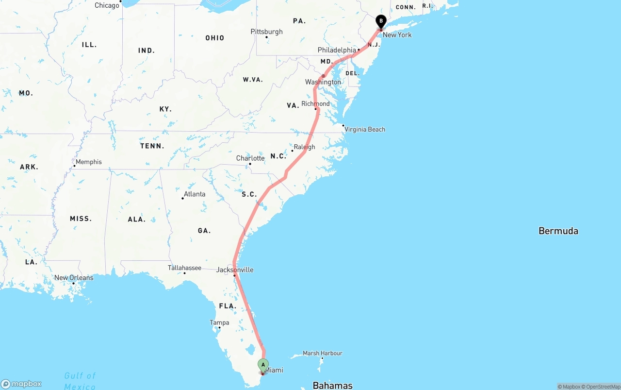 Shipping route from Port of Miami to New York City
