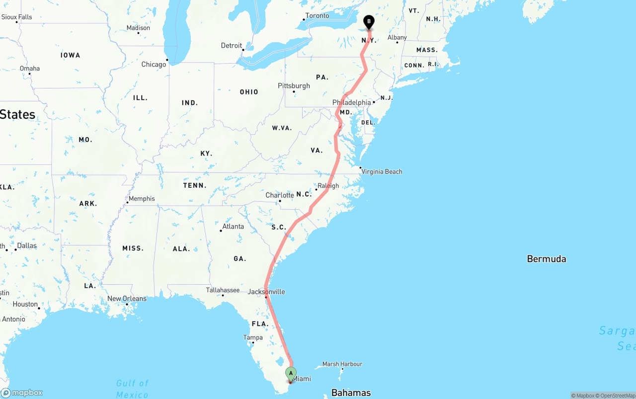 Shipping route from Port of Miami to New York