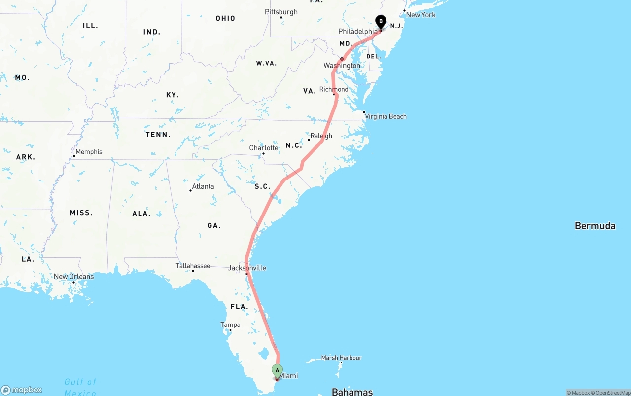 Shipping route from Port of Miami to Philadelphia