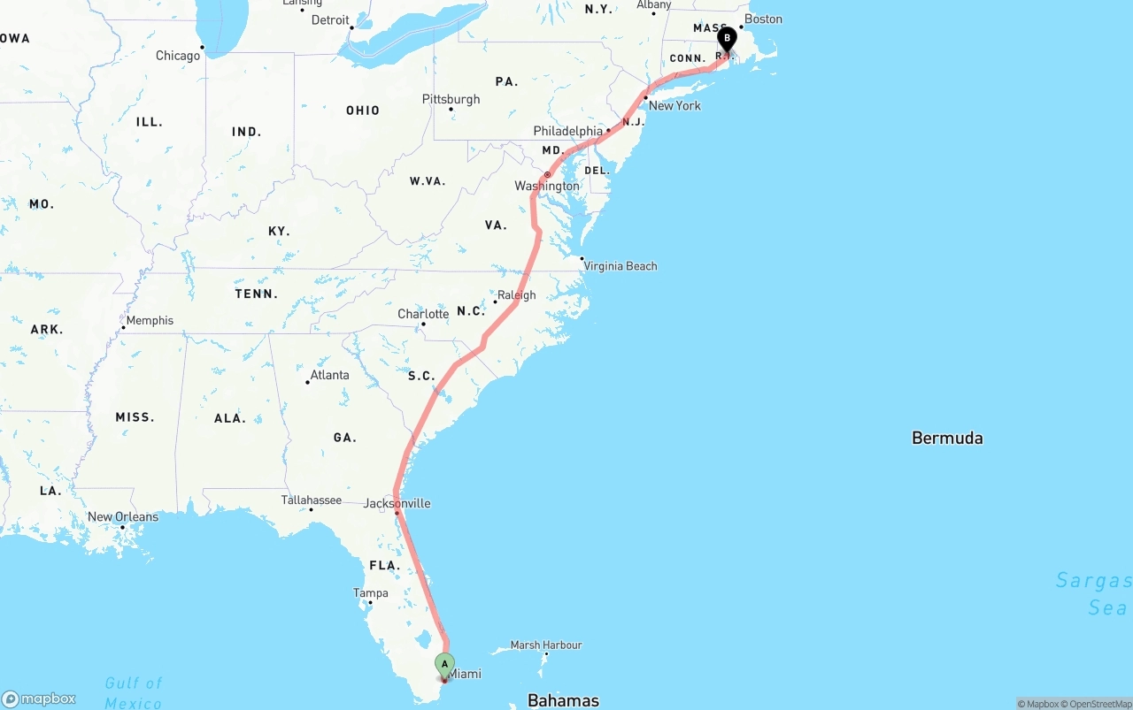 Shipping route from Port of Miami to Rhode Island
