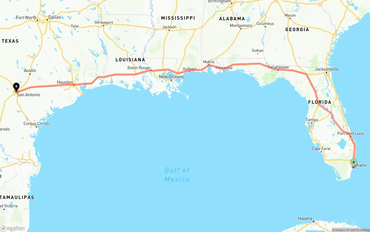 Shipping route from Port of Miami to San Antonio
