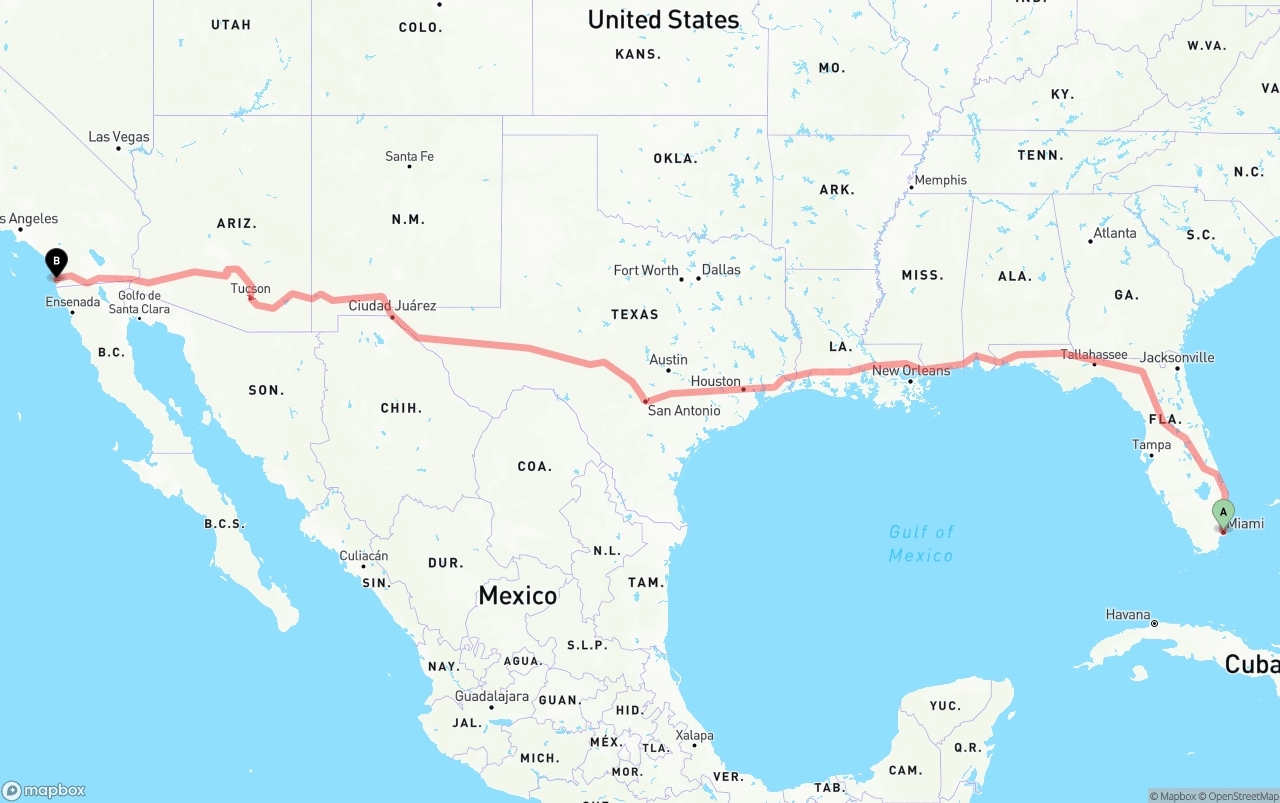 Shipping route from Port of Miami to San Diego