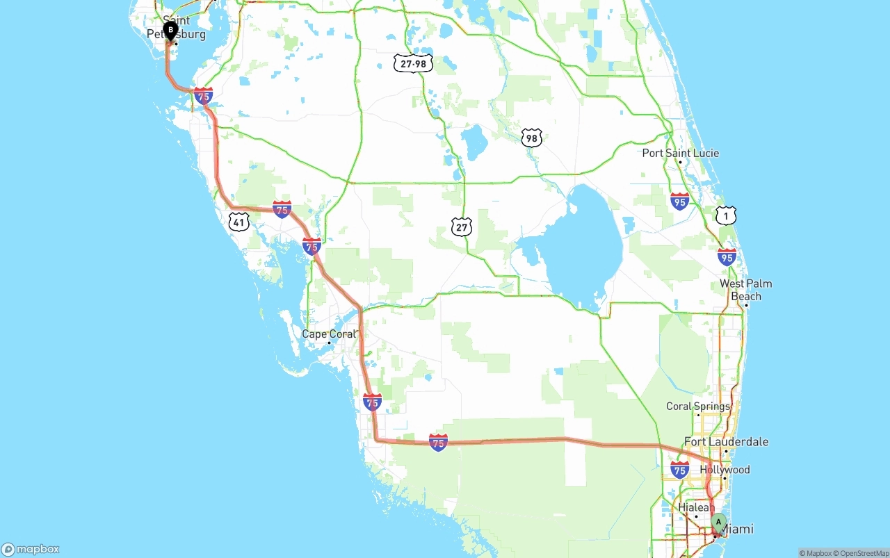 Shipping route from Port of Miami to St. Petersburg