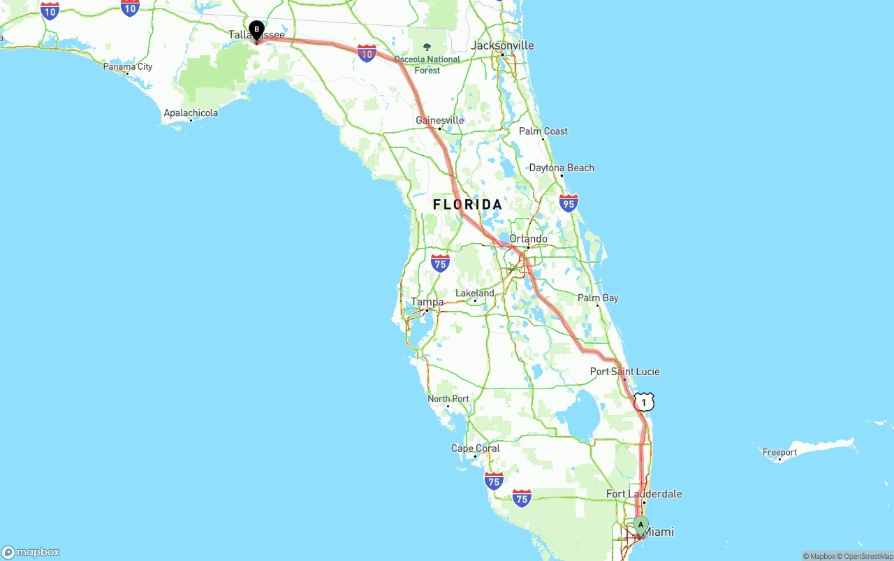 Shipping route from Port of Miami to Tallahassee