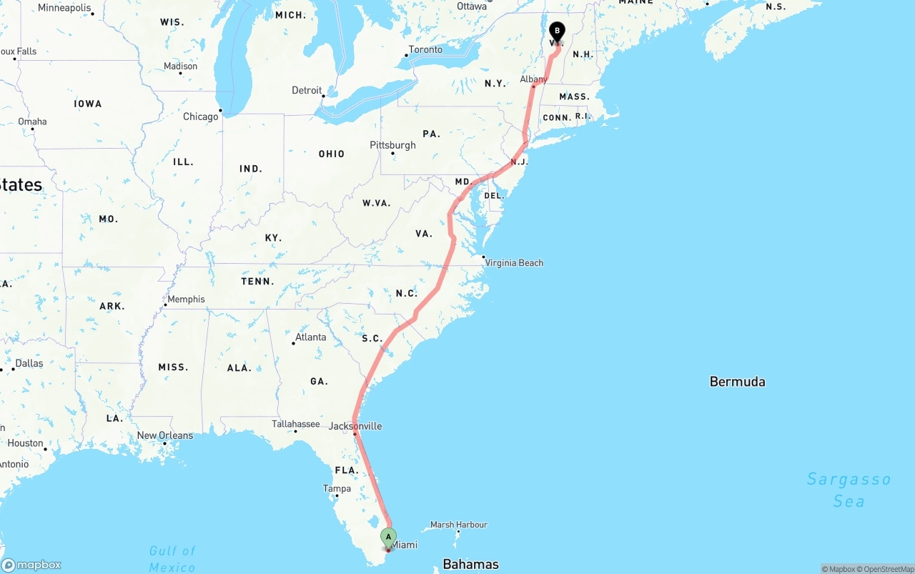 Shipping route from Port of Miami to Vermont