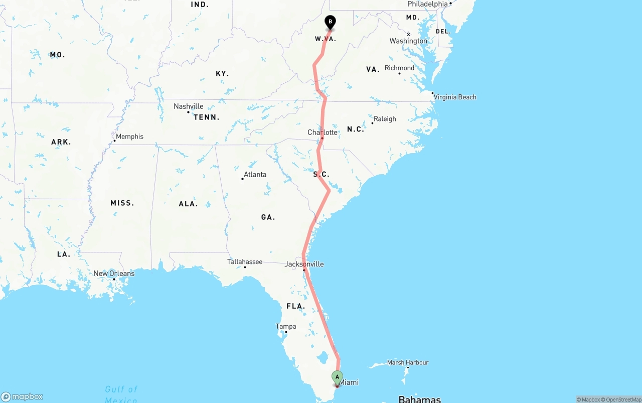 Shipping route from Port of Miami to West Virginia