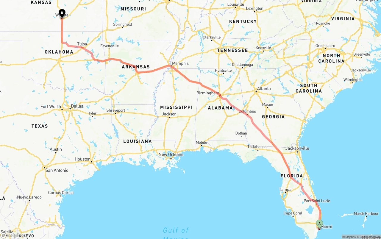 Shipping route from Port of Miami to Wichita