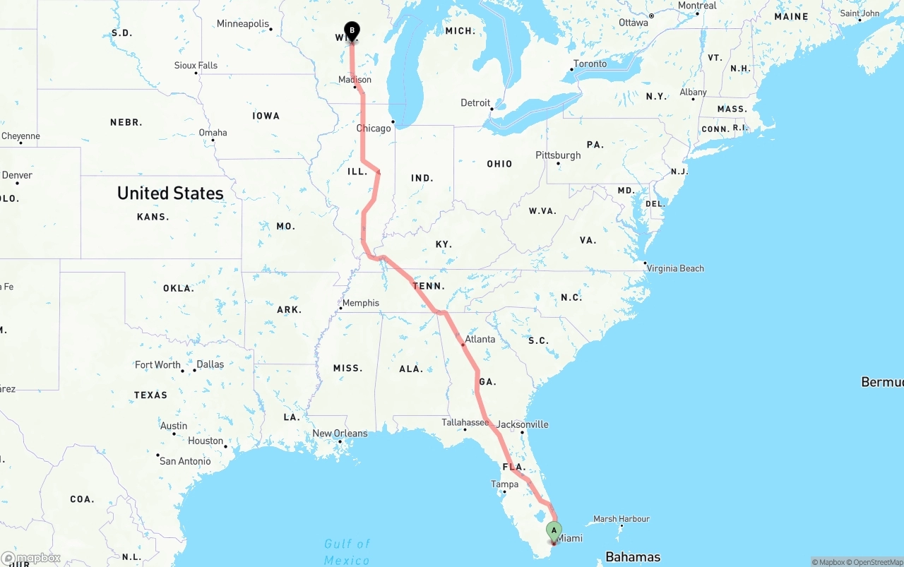 Shipping route from Port of Miami to Wisconsin