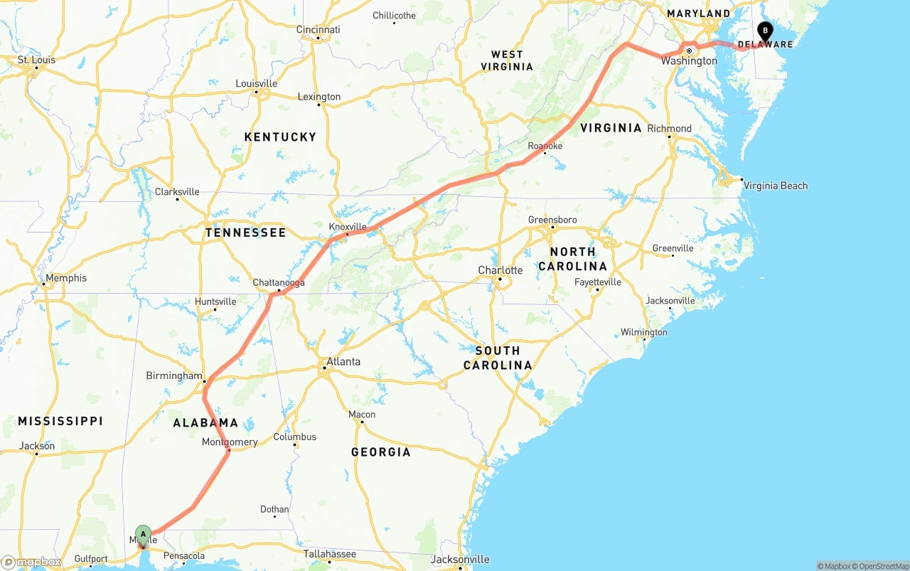 Shipping route from Port of Mobile to Delaware
