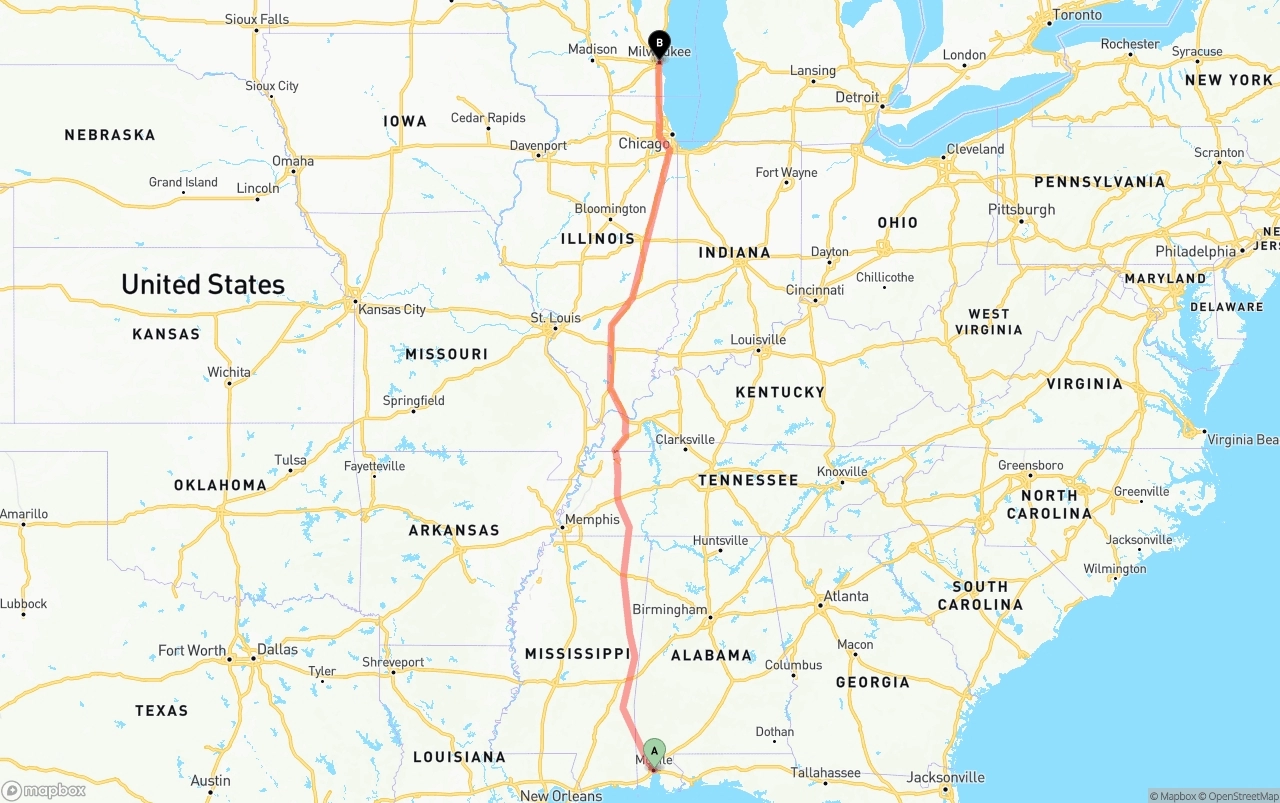Shipping route from Port of Mobile to Milwaukee