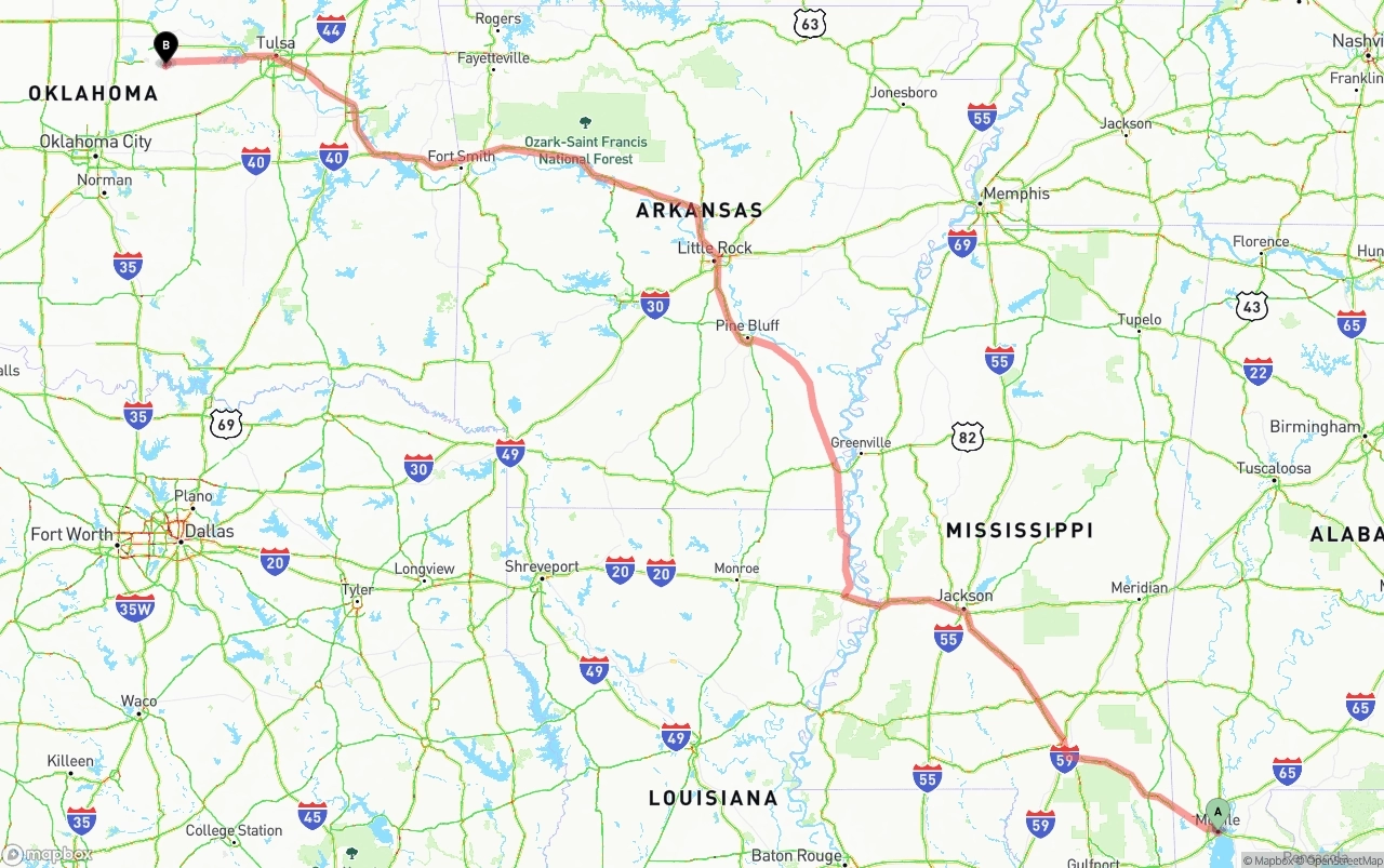 Shipping route from Port of Mobile to Oklahoma