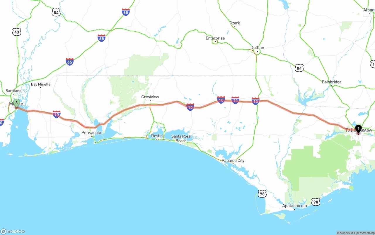 Shipping route from Port of Mobile to Tallahassee