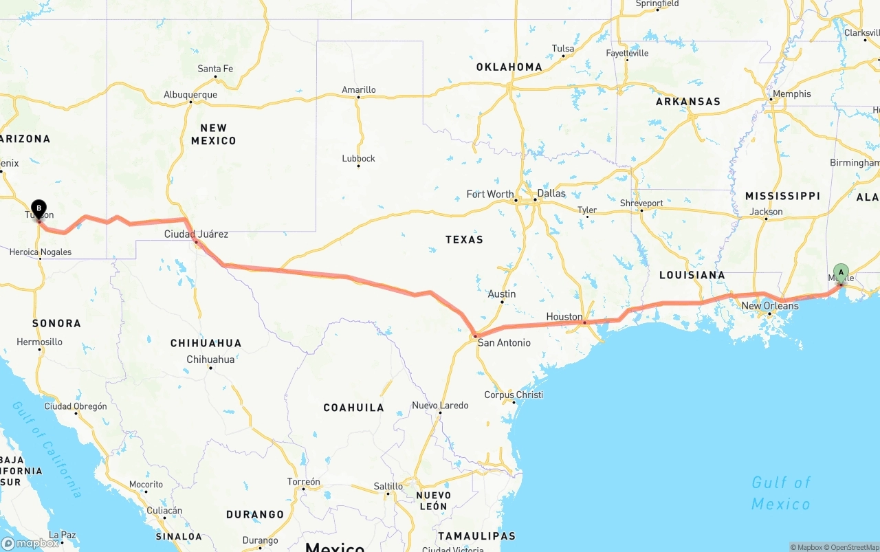 Shipping route from Port of Mobile to Tucson