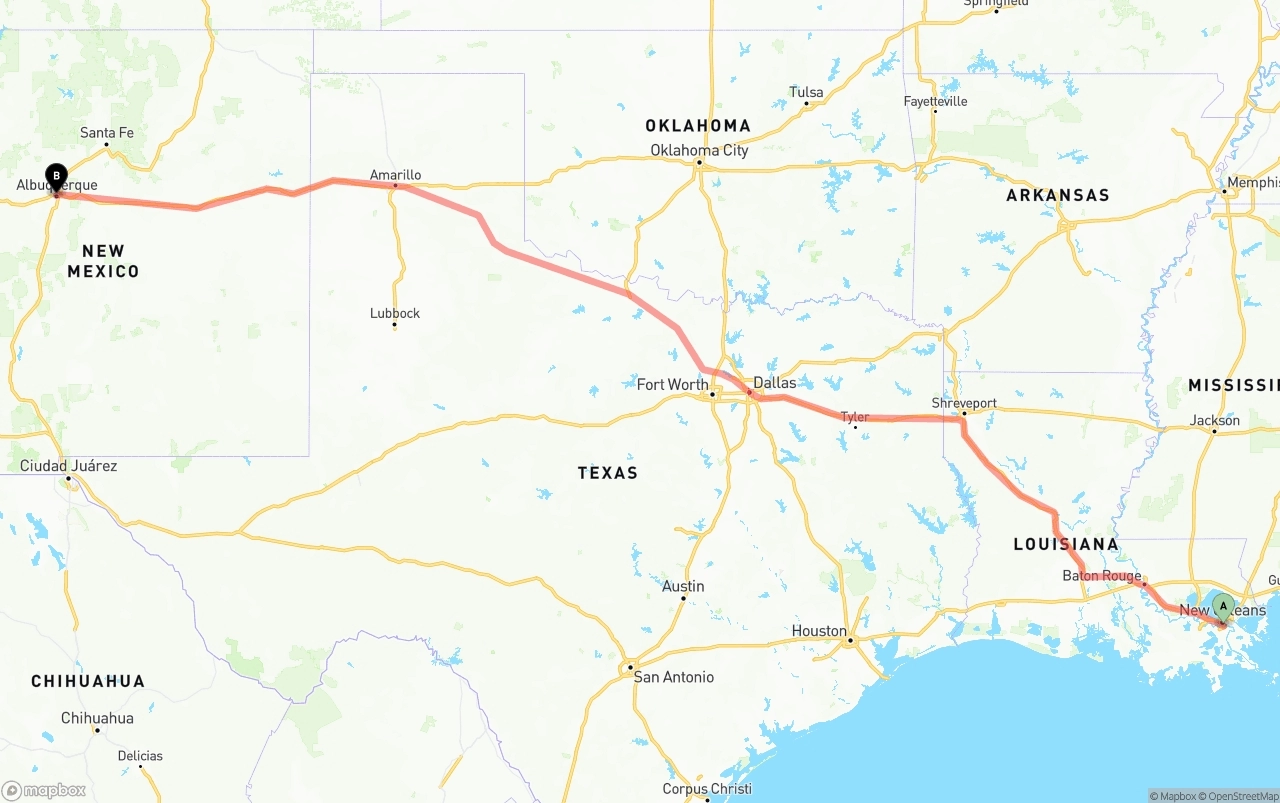 Shipping route from Port of New Orleans to Albuquerque