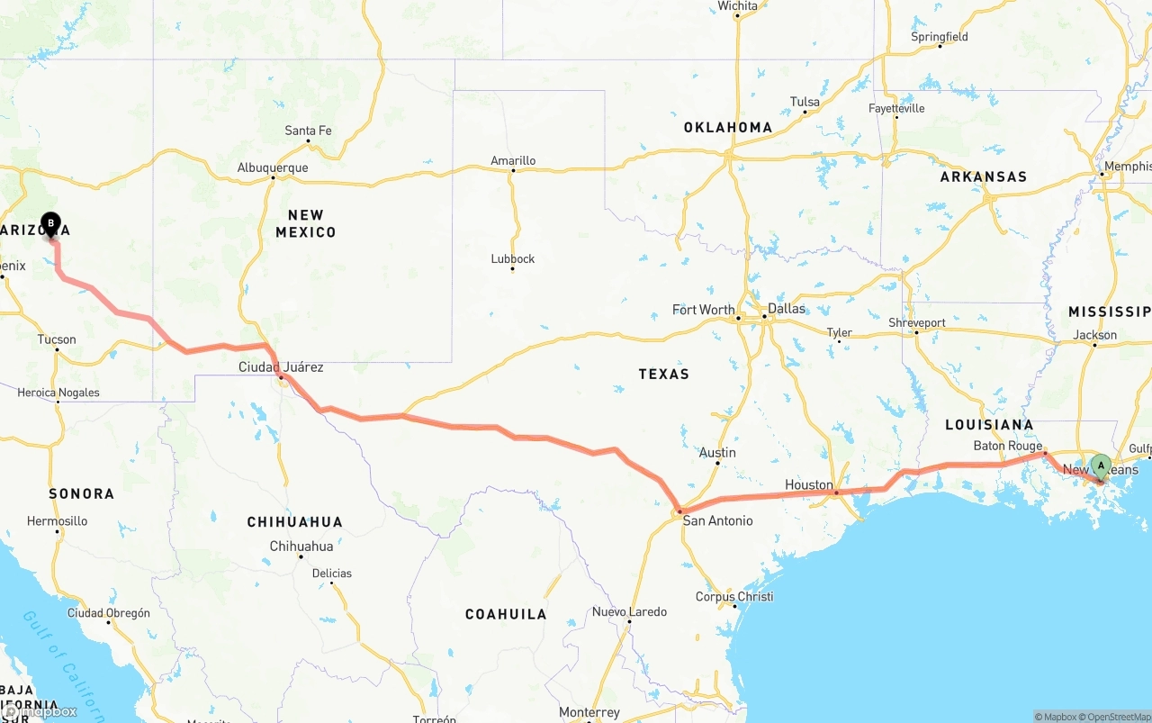 Shipping route from Port of New Orleans to Arizona