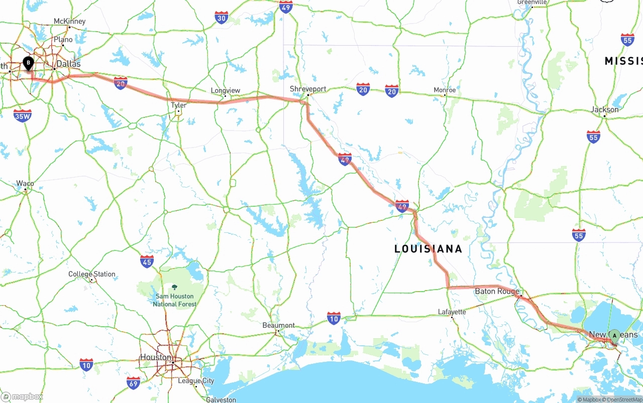 Shipping route from Port of New Orleans to Arlington
