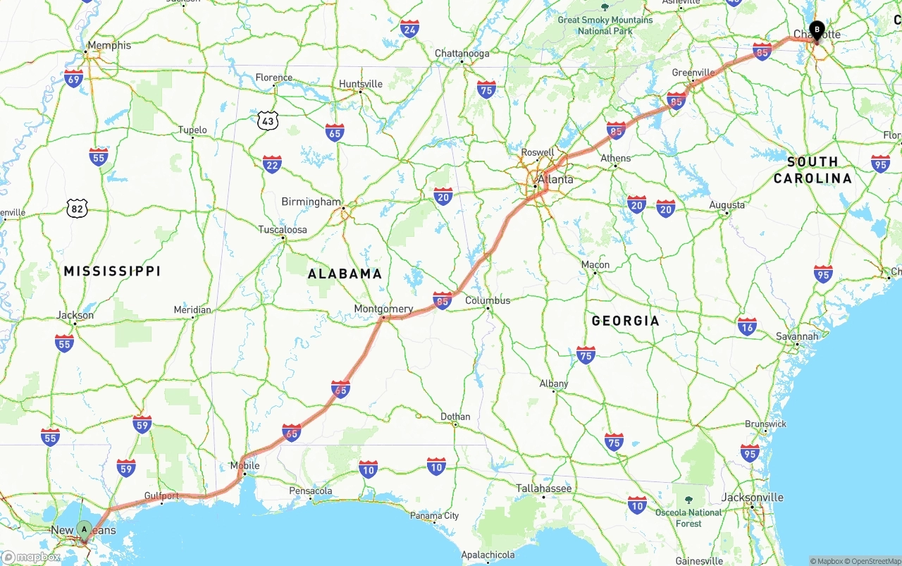 Shipping route from Port of New Orleans to Charlotte
