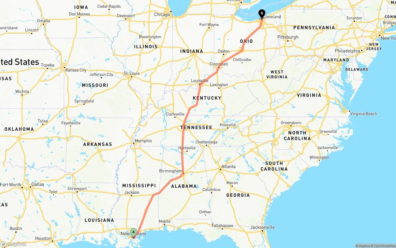 Shipping route from Port of New Orleans to Cleveland