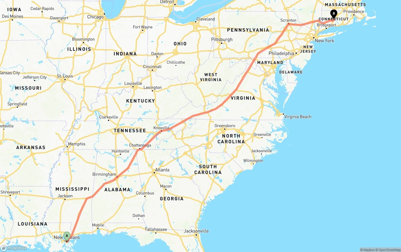 Shipping route from Port of New Orleans to Connecticut