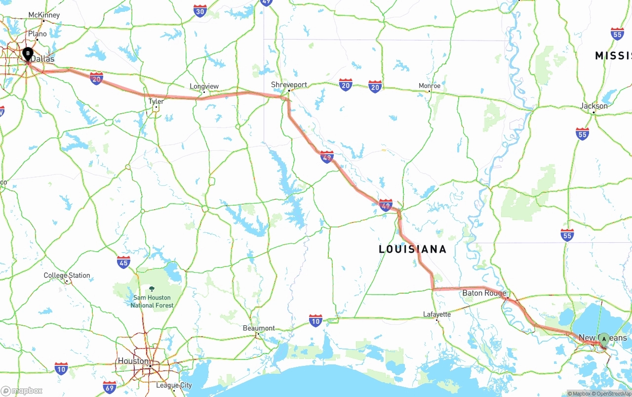 Shipping route from Port of New Orleans to Dallas