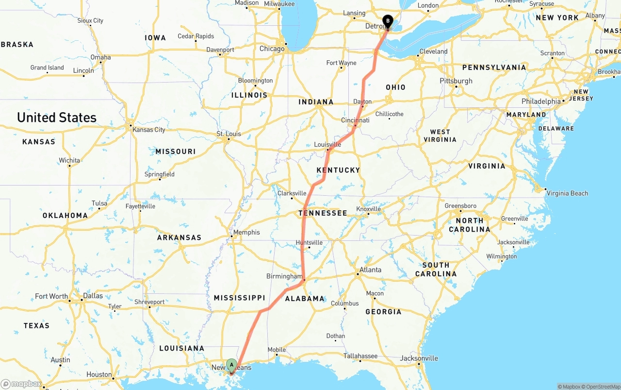 Shipping route from Port of New Orleans to Detroit