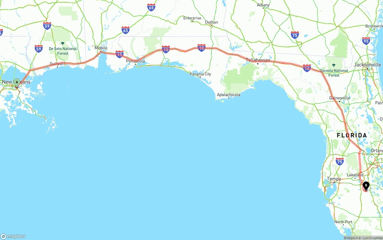Shipping route from Port of New Orleans to Florida